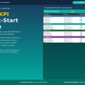 May include: A teal and blue graphic with the title "Free KPI Quick-Start Guide." The guide offers 20 KPIs for real estate PMs, including formulas, benchmarks, and a blank tracker sheet. The guide is free and works with Excel and LibreOffice.