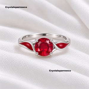 Round Red Ruby Solitaire 925 Sterling Silver Ring, Red Enamel Leaf Accent Ring, Lab Created Gemstone, Unique Art Deco Bridal Gift Jewelry