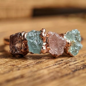 Anello in rame elettroformato, acquamarina grezza, citrino, quarzo rosa, gioiello boho