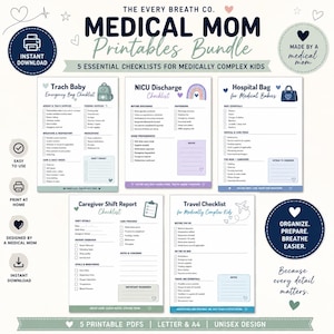 May include: A bundle of printable checklists for medically complex kids. The design includes checklists for a trach baby, NICU discharge, hospital bag, caregiver shift report, and travel. The design is in shades of blue, purple, and green.