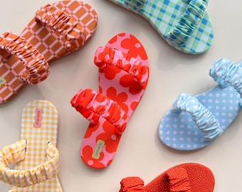 Rohmie Puffy Slipper – Handcrafted Ruched Strap Sandals, Colorful Gingham, Floral, Heart Prints