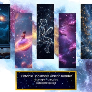 Peut inclure: Un ensemble de cinq marque-pages rectangulaires verticaux avec des illustrations sur le thème de l'espace, incluant une galaxie, une personne lisant sur une planète, une constellation, des livres flottants et une cité cosmique. Texte : Printable Bookmark Glactic Reader 10 Designs + 2 BONUS Instant Download.