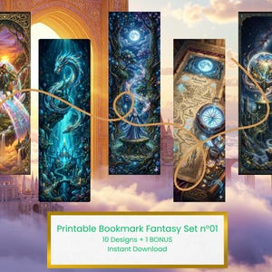 Peut inclure: Un ensemble de cinq marque-pages rectangulaires verticaux présentant des illustrations fantastiques détaillées de dragons, paysages célestes, une carte avec boussole et figures magiques. Le texte en bas indique Printable Bookmark Fantasy Set n°01 10 Designs + 1 BONUS Instant Download.