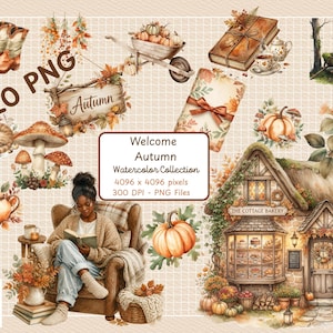 Peut inclure: Une collection numérique de 120 illustrations à l'aquarelle sur le thème de l'automne, incluant une boulangerie, une personne lisant dans un fauteuil, des citrouilles, des champignons, un hérisson, des bottes et le texte Welcome Autumn.