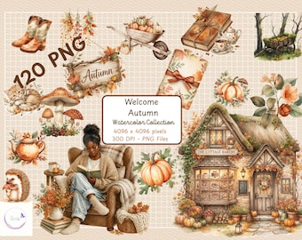Puede incluir: Una colección digital de 120 ilustraciones en acuarela con temas otoñales que incluyen una panadería, una persona leyendo en un sillón, calabazas, setas, un erizo, botas, una carretilla y un letrero con el texto Welcome Autumn.