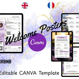 May include: A set of digital welcome posters for Airbnb rentals displayed on tablet screens. The templates feature lavender-themed backgrounds, editable text fields, QR codes, and information sections for guests, all designed within the Canva platform.