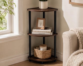 Walnut Brown 3 Tier Corner Shelf, Small Display Rack for Books, Plants, Photos and Apartment or Bedroom Storage