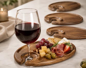 Acacia Wood Drinks & Appetizer Plates Set of 4, Mini Charcuterie Boards with Glass Holder for Cheese, Snacks and Parties