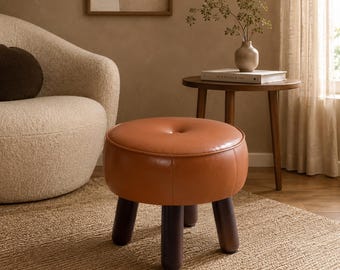 Brown Round Faux Leather Foot Stool, Small Pouf Ottoman Footrest for Couch, Bedroom, Office or Entryway