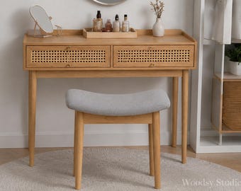 Vanity Stool with Wood Grain Legs, Small Upholstered Makeup Chair, Bedroom Foot Stool Ottoman for Vanity Desk or Entryway
