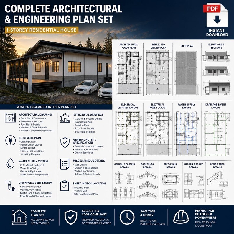 31'x46' Modern Lean-to House Architectural & Engineering Plan Set | 3 ...