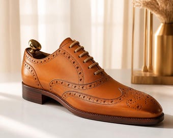 New Handmade Leather Bespoke Shoes for Men Formal Tan Lace Up Oxford Shoes