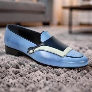 men's sky blue dress shoes OneDrop Men Sky Blue Handmade Leather Prom Party And Wedding Dress Shoes Loafers Metal Tassels Sky Blue / 4.5