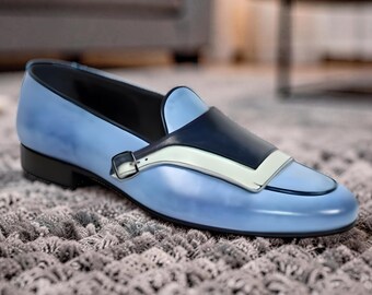 Affaires faites main formelles en cuir bleu ciel avec boucle simple, chaussures de bureau pour hommes