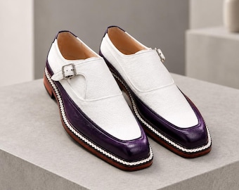 Mocassini da uomo in pelle bianca e viola con doppia fibbia, realizzati a mano, scarpe da matrimonio