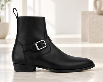 Mens Handmade Genuine Leather black monk zipper boots formal Ankle dress Shoe