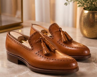Bruine leren loafers met kwastjes voor heren, brogue instappers, formele trouwschoenen