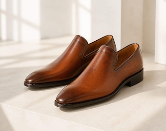 Men's Handmade Leather Loafers Hand-Dyed Leather Sole Slip Shoes  For Men