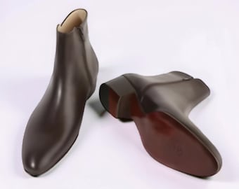 Men's Handmade Brown Leather Ankle Boots Chelsea Boots /W Zipper
