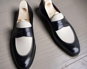 Handmade Black & White Leather Penny Loafers Men Formal Class Dress Shoes Boots
