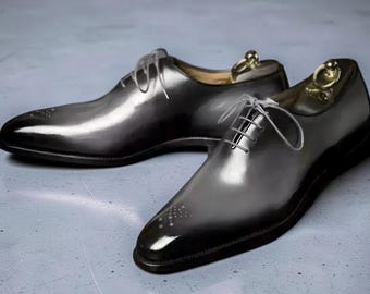 Men Luxury Formal Whole Cut Dress Shoes Genuine Leather Gray Patina Formal Shoe