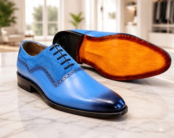 Handgemaakte blauwe leren herenschoenen – handgemaakte Oxfords met patina