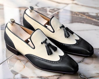 Handgemaakte herenmode vleugeltip tweekleurige leren schoenen, beige en zwarte herenschoen