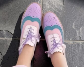 Bespoke Handmade Women's Multicolor Leather Shoes, Oxford Wingtip Brogue Shoes