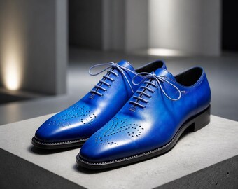 Zapatos Oxford de cuero azul para hombre, hechos a mano, con puntera de medallón y estilo Oxford para fiestas.
