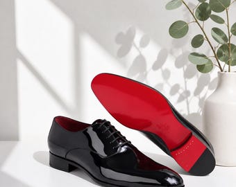 Christian Louboutin Handmade Men’s Black Patent Leather Oxford Shoes | Red Sole | Formal & Wedding Wear