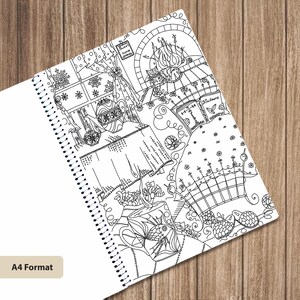 May include: A spiral-bound coloring book page featuring a black and white line art illustration of a cozy room interior with a fireplace, a cat, a teapot, a table, and a fishbowl. The text A4 Format is visible in the bottom left corner.
