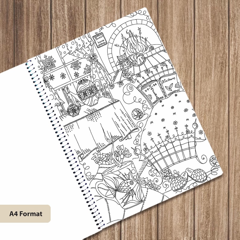 May include: A spiral-bound coloring book page featuring a black and white line art illustration of a cozy room interior with a fireplace, a cat, a teapot, a table, and a fishbowl. The text A4 Format is visible in the bottom left corner.
