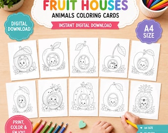 16 Animal Coloring Pages Printable PDF | Fruit House Coloring Book | Kids Activity | A4 Instant Download