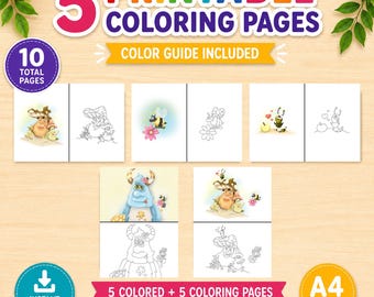 Printable coloring pages for kids featuring cute mushrooms, bees, flowers and fantasy creatures. Includes color guides and coloring sheets.