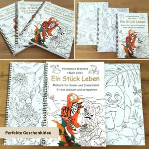 May include: Spiral-bound coloring books titled Ein St&uuml;ck Leben by Hristomira Krasteva. The covers feature black and white line art illustrations of a tiger, a panda, and various plants, with the tiger partially colored in orange, black, and white.