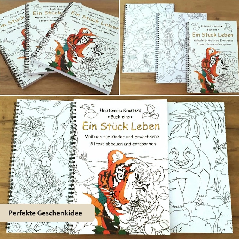 May include: Spiral-bound coloring books titled Ein St&uuml;ck Leben by Hristomira Krasteva. The covers feature black and white line art illustrations of a tiger, a panda, and various plants, with the tiger partially colored in orange, black, and white.