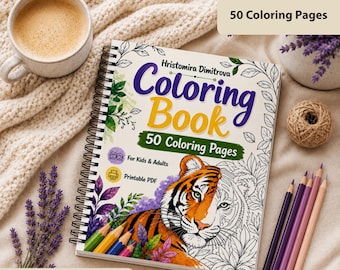 Coloring Book PDF – 50 Printable Coloring Pages, Animal & Nature Designs, Adult Coloring Book, Kids Coloring Pages, Instant Download A4