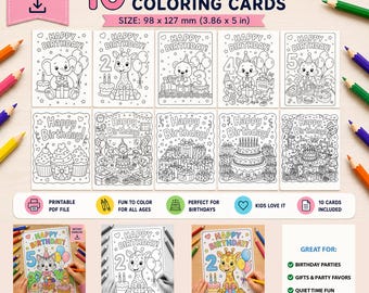 10 Printable Birthday Coloring Cards for Kids, Happy Birthday Coloring Pages, 1st 2nd 3rd Birthday Party Activity PDF, Wild Аnimals Sheets