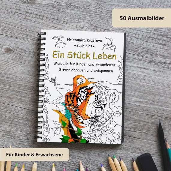 Malbuch für Erwachsene & Kinder – 50 Ausmalbilder Tiere Natur – A4 Spiralbindung – Stress Relief Coloring Book – Geschenkidee