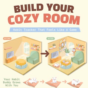 May include: A digital habit tracker template titled BUILD YOUR COZY ROOM. It features a before and after illustration of a room, a growing cat character, and a laptop screen displaying a Google Sheet interface with habit tracking columns and rows.
