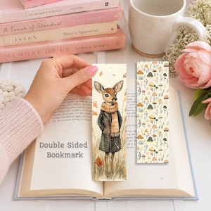 Lesezeichen mit Hirschmotiv: Laminiert, doppelseitig, mit Herbstdesign, optionaler Quaste, Geschenk im Cottagecore-Stil für Leseratten und Bücherliebhaber