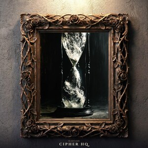 May include: A rectangular wall mirror featuring an ornate bronze-toned frame decorated with sculpted roses and thorny vines. The reflective surface displays an hourglass filled with swirling white smoke or liquid against a dark background. Text reads CIPHER HQ.