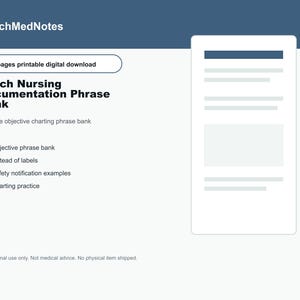 May include: A 17-page printable digital download titled PsychMedNotes Psych Nursing Documentation Phrase Bank. The document includes an objective charting phrase bank, alternatives to labels, safety notification examples, and charting practice.