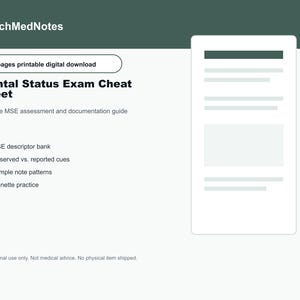 May include: A 17-page printable digital download titled PsychMedNotes Mental Status Exam Cheat Sheet. The document includes an MSE assessment and documentation guide, an MSE descriptor bank, observed versus reported cues, sample note patterns, and vignette practice.