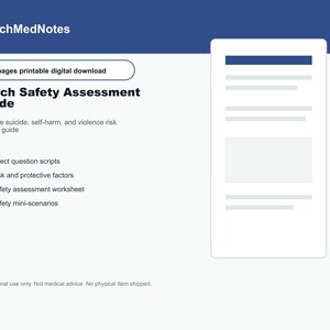 May include: A 17-page printable digital download titled Psych Safety Assessment Guide by PsychMedNotes. The document includes suicide, self-harm, and violence risk prompt guides, direct question scripts, risk and protective factors, a safety assessment worksheet, and safety mini-scenarios.