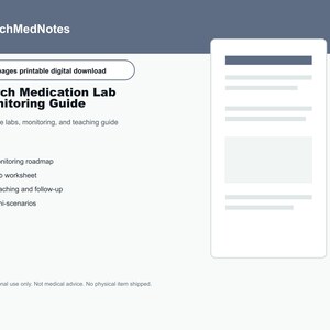 May include: A 17-page printable digital download titled PsychMedNotes Psych Medication Lab Monitoring Guide. The document includes a monitoring roadmap, lab worksheet, teaching and follow-up sections, and mini-scenarios for educational use.