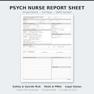 Op de afbeelding: Een zwart-wit psychiatrisch verpleegkundig rapportformulier op een A4-pagina. Het document bevat gestructureerde secties voor patiëntgegevens, juridische status, mentale status, veiligheid, suïciderisico, medicatie, PRN's, dienstgebeurtenissen en SBAR-overdracht.