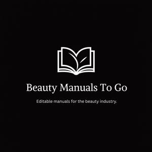 May include: A black graphic featuring a white line-art icon of an open book with leaf-shaped pages. Below the icon, the white text reads Beauty Manuals To Go, followed by the smaller white text, Editable manuals for the beauty industry.