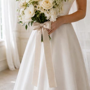 Custom Wedding Bouquet Draping Tie, Hand-Torn Polyester Chiffon Band with Couple Names or Date, 1.57 Inch Flowing Bridal Floral Accessory