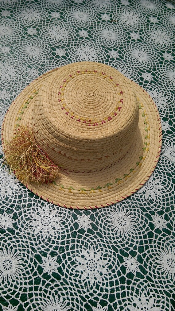 Vintage Hand Coiled Real Straw Hat with Straw Pom… - image 2